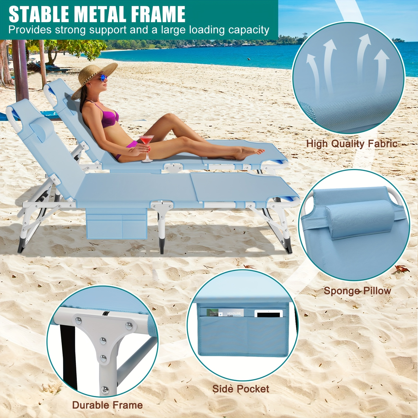 Folding Chaise Lounge Chair for Outdoor Tanning – 5-Position Adjustable Sunbathing Lounger with Face Hole for Pool, Beach & Backyard – Standard & Oversize Available