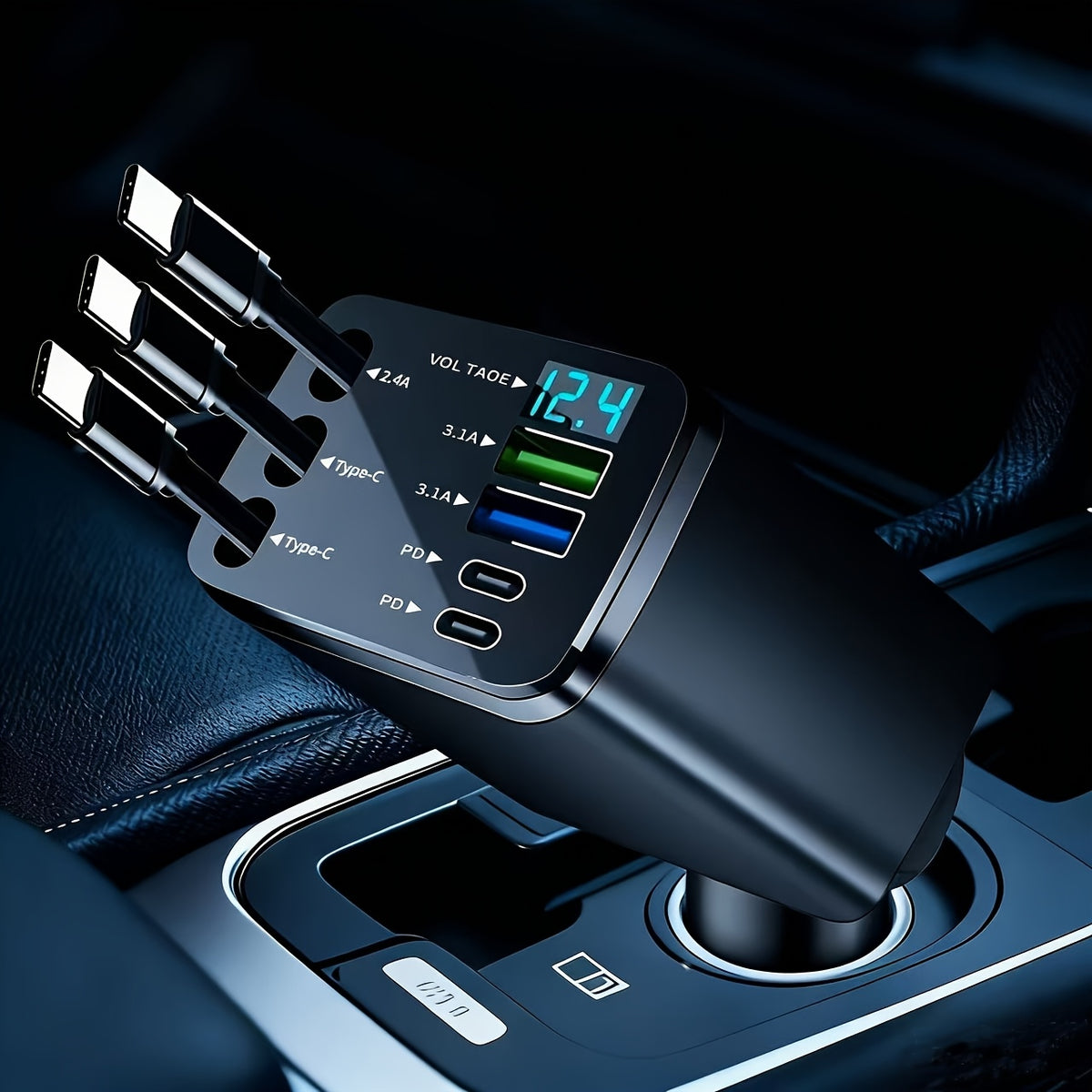 7-in-1 Car Fast Charging Mobile Phone Charger, Equipped With 3 Extendable Cables And Fast Charging Interface, Universal Plug, Easy To Operate, Supports 180 ° Free Adjustment Angle, And Is Equipped With LED Intelligent Digital Display Screen