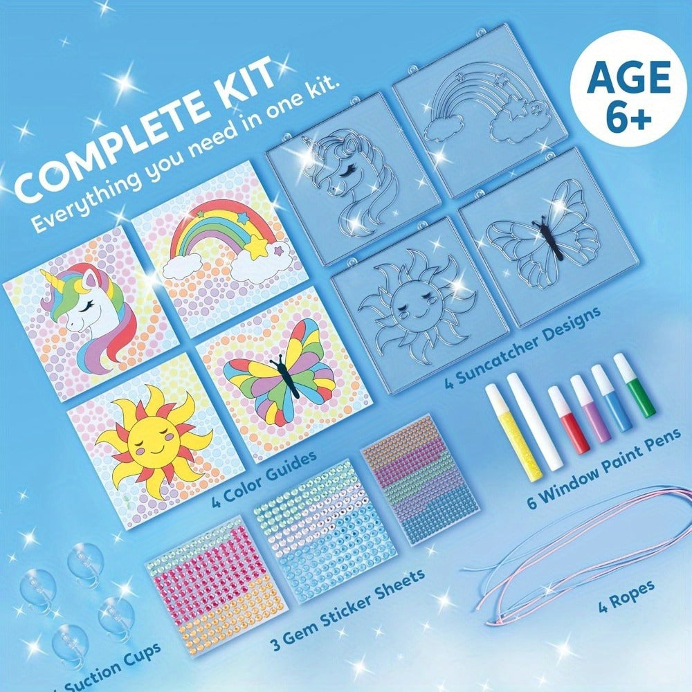 Suncatcher Painting Kit 4pcs for Kids – 2-in-1 Window Art with Gem Stickers & Paint Pens, Butterfly Unicorn Rainbow Sun Designs, Arts Crafts Activity for Girls Boys Ages 6+ Birthday Christmas Gift