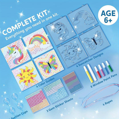 Suncatcher Painting Kit 4pcs for Kids – 2-in-1 Window Art with Gem Stickers & Paint Pens, Butterfly Unicorn Rainbow Sun Designs, Arts Crafts Activity for Girls Boys Ages 6+ Birthday Christmas Gift
