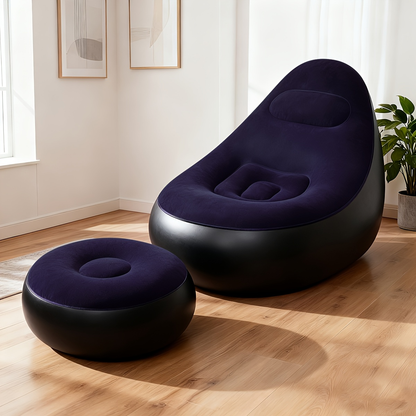 Inflatable Recliner Sofa with Footstool Set - Heavy Duty Portable Folding Air Couch with Plush Fabric & Pump Included, Space-Saving Indoor Outdoor Lounge Chair for Camping, Backyard, Living Room & Travel, 6 Colors Available
