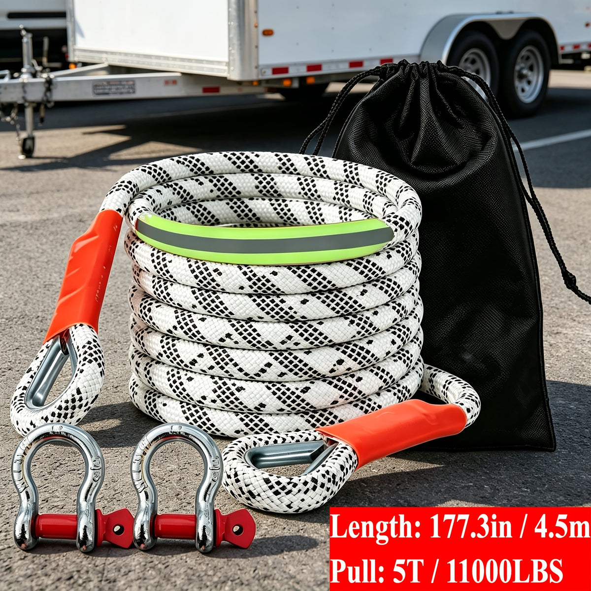 11000 LBS/ 39600 LBS/ 44000 LBS 3-Size Heavy-Duty Tow Rope & Hook Combo Set, 177-inch High-strength Nylon Recovery Rop, Equipped with 2 Steel U-hooks And Storage Bag. Compatible with Trucks, SUVs, UTVs And ATVs, Ideal for Off-road Rescue