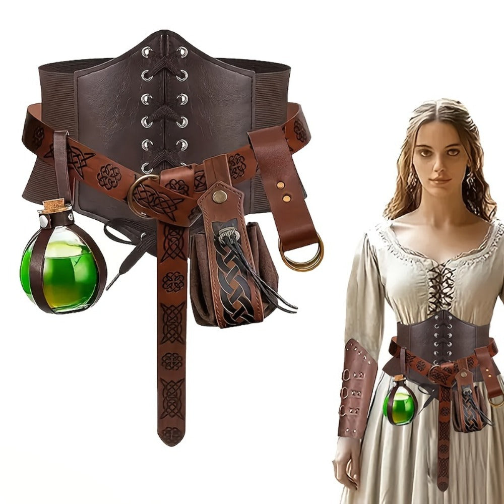 Renaissance Corset Set 5-Piece Ladies – Medieval Belt Pouch Potion Bottle Waist Protector, Women Halloween LARP Cosplay Renaissance Fair Outfit, Stage Prop & Photography Costume Gift