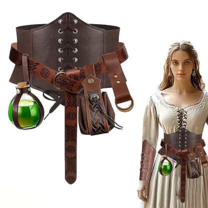 Renaissance Corset Set 5-Piece Ladies – Medieval Belt Pouch Potion Bottle Waist Protector, Women Halloween LARP Cosplay Renaissance Fair Outfit, Stage Prop & Photography Costume Gift
