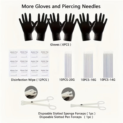Piercing Kit Professional Stainless Steel Body Piercing Set with Needles Clamps & Tools — Complete DIY Home Piercing Supplies for Ear Nose Navel Lip Tongue Cartilage Septum