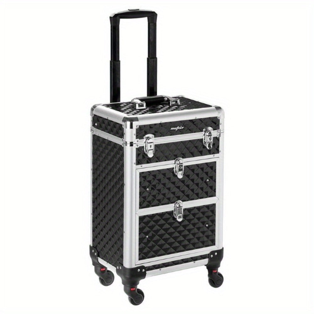 Makeup Train Case Rolling Aluminum Lockable Trolley with 4 Wheels 2 Sliding Drawers Telescopic Rod Portable Cosmetic Organizer Suitcase for Makeup Artists Salon Travel Beauty Storage Black