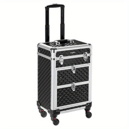 Makeup Train Case Rolling Aluminum Lockable Trolley with 4 Wheels 2 Sliding Drawers Telescopic Rod Portable Cosmetic Organizer Suitcase for Makeup Artists Salon Travel Beauty Storage Black