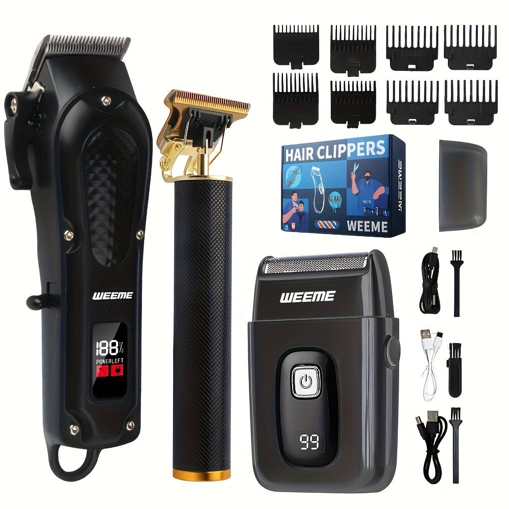 Hair Clipper Set for Men USB Rechargeable - LCD Display Cordless Trimmer, Guide Combs & Cleaning Brushes, Professional Home Haircut Kit, Gift for Men, Golden Blue Silver