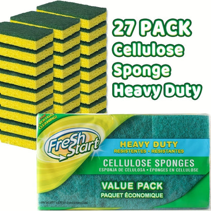 Non-Scratch Cellulose Sponge Dual-Sided with Tough Scouring Pad – Dishwashing Sponges for Kitchen, Dishes & Bathroom, Absorbent & Durable, Green or Blue, 9/12/18/27 Pack Value Sets