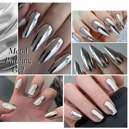 Mirror Metallic Nail Art Painting Gel with Built-In Brush 0.24oz — Metal Effect UV LED Soak Off Silver Chrome Line Drawing Flower Geometric DIY Home Salon Manicure Women Nail Artists