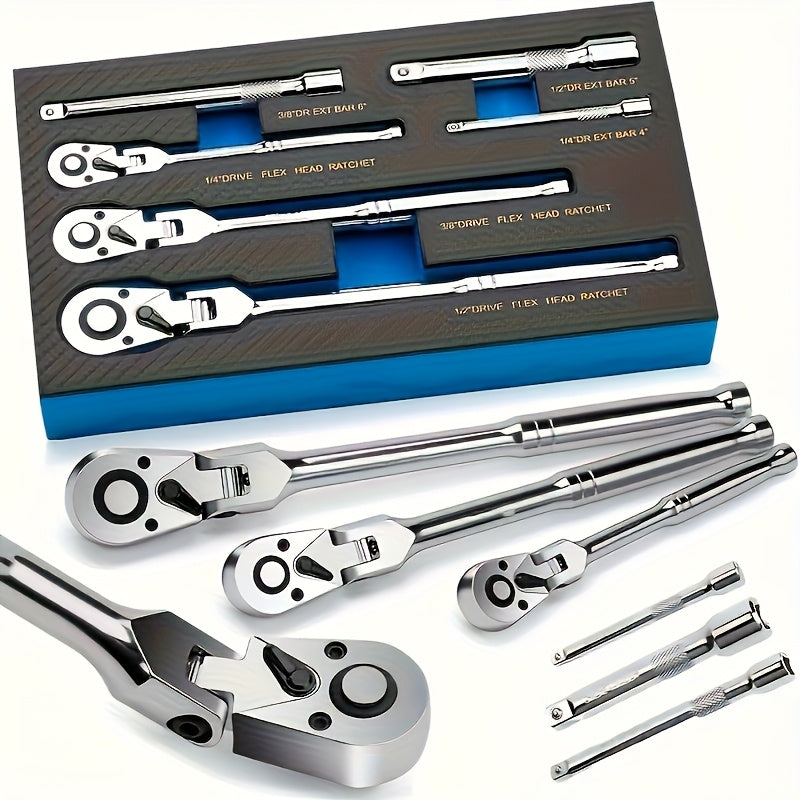 3pcs/6pcs Traction Head Ratchet Kit, 1/4", 3/8", 1/2" Drive, Extended Head Ratchet With Wrench, 72 Teeth, 180° Adjustable, Quick Release, Bendable Ratchet Handle, With EVA Sponge Tool Set