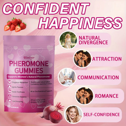 Women's Pheromone Gummies with L-Arginine, Maca & Beetroot – Natural Attraction, Confidence & Feminine Balance Supplement, Strawberry Flavor, 30 Gummies 30-Day Supply