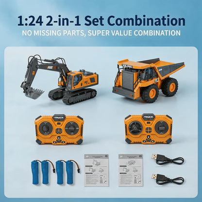 RC Construction Vehicle Set 2.4G 11-Channel Remote Control Excavator Dump Truck Bulldozer | 1:24 & 1:64 Alloy Engineering Toy | 2-in-1, 3-in-1, 4-in-1 Kit for Kids Adults