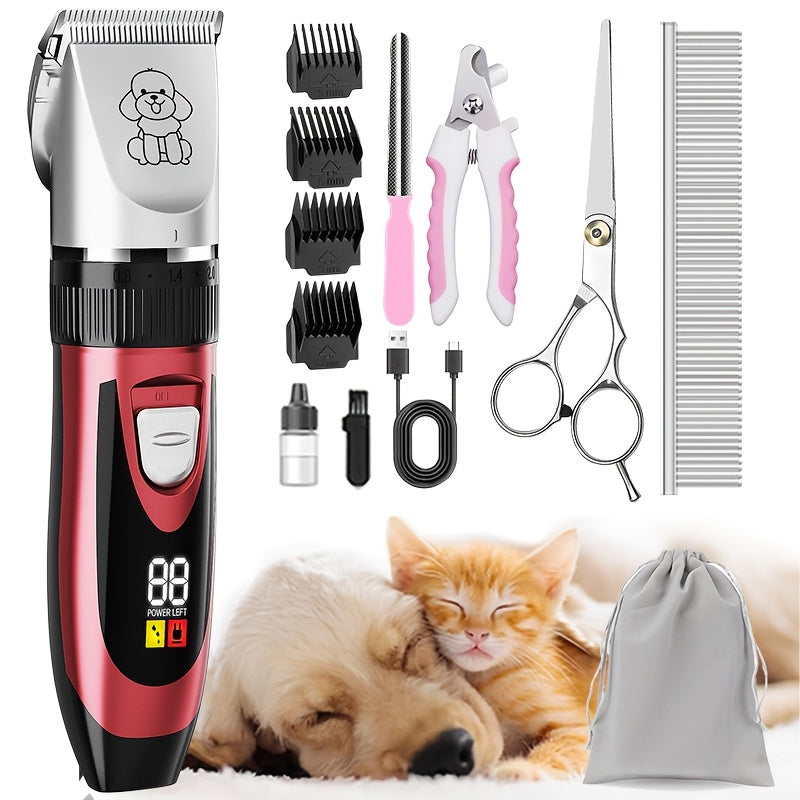 Pet Hair Clipper Cordless Adjustable Comb - Silent Low Noise Rechargeable Electric Dog Cat Grooming Scissors Set, Multiple Style Options, USB Charging Wireless Pet Trimmer for Dogs Cats