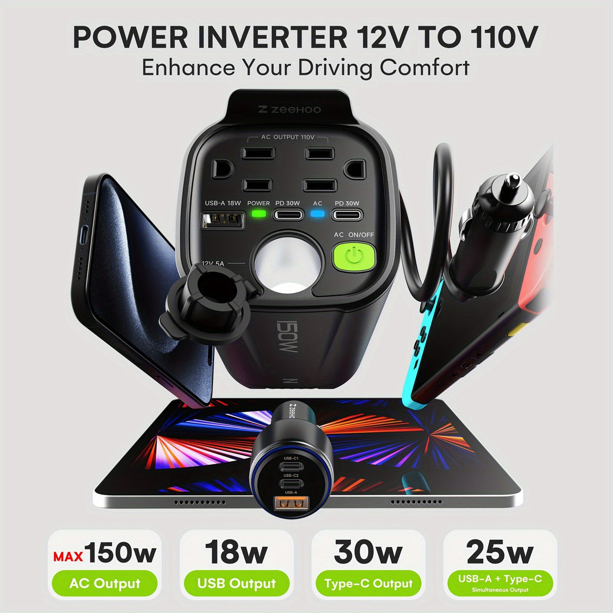 150W Car Power Inverter with 12V DC to 110V AC Car Plug Adapter Outlet Converter, 2 AC Outlets, 18W USB A, Dual 30W PD Car Charger - Heavy-Duty Black Vehicle Automotive