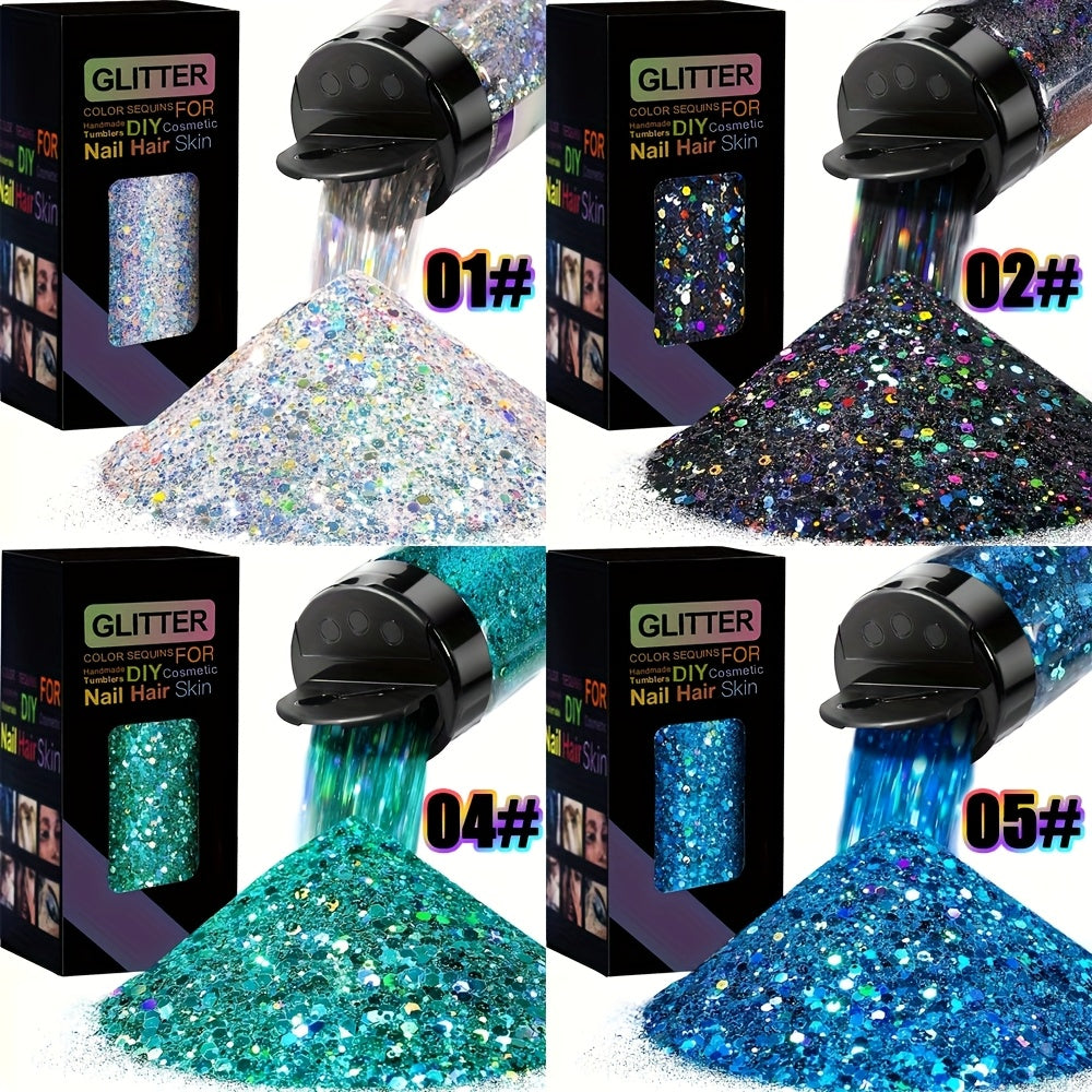 Holographic Chunky Glitter Set 4 Boxes 200g — Laser Diamond Metallic Hexagonal Flakes for Epoxy Resin, Tumblers, Scrapbooking, Nail Art & DIY Crafts, Mixed Colors