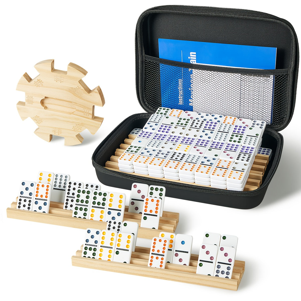 Mexican Train Dominoes Double 12 Set – 91 Colorful Tiles, 9 Metal Trains & 4 Wooden Racks, Complete Strategy Board Game with EVA Travel Case for Family Game Night, Adults & Kids, Classic Christmas & Holiday Gift
