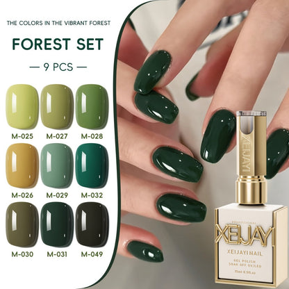 Green Forest Gel Nail Polish Set 9 Colors Photo Frame Bottle — Semi-Permanent UV LED Soak Off 0.51oz High Pigmentation Mint Sage Olive Emerald Long Lasting DIY Home Salon Nail Art Gift Women