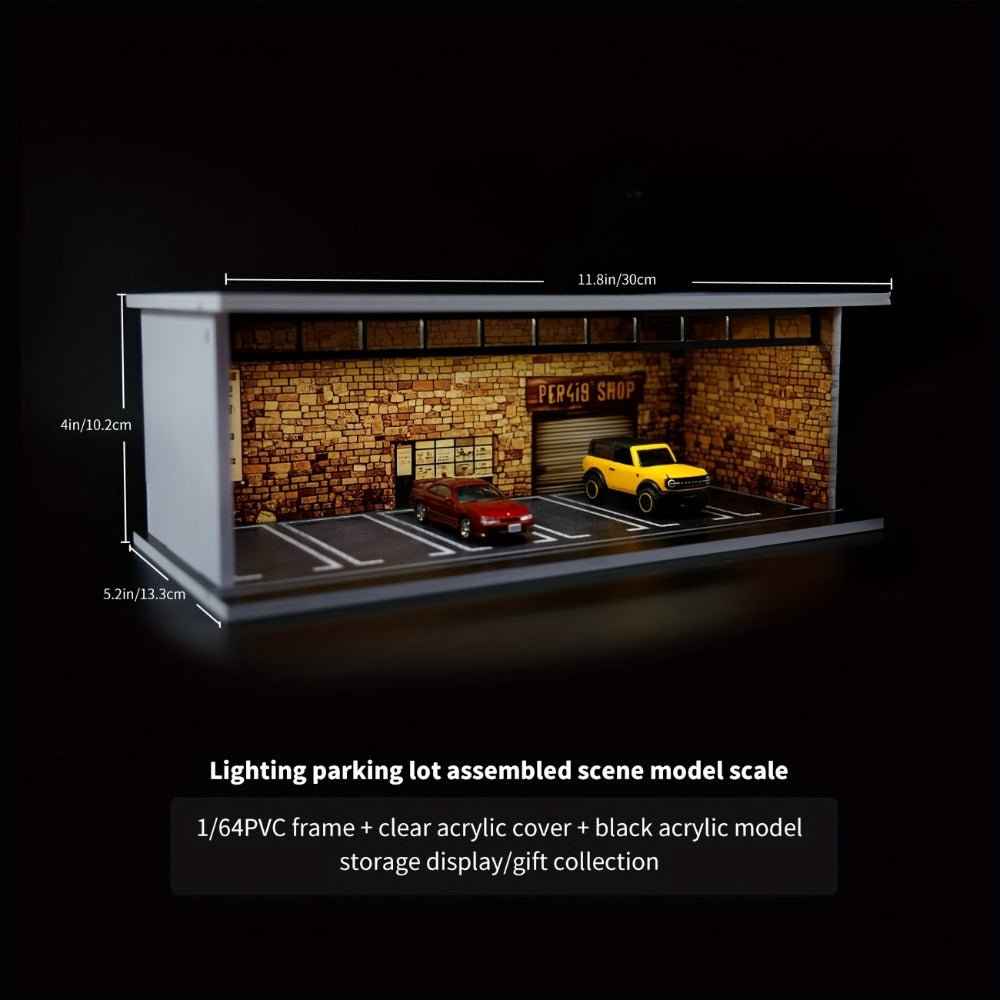 1:64 Diecast Car Display Case with LED Lighted Garage Diorama – Expandable Showcase for 6 Model Cars, Clear Acrylic Cover, Dustproof Collector Gift for Men