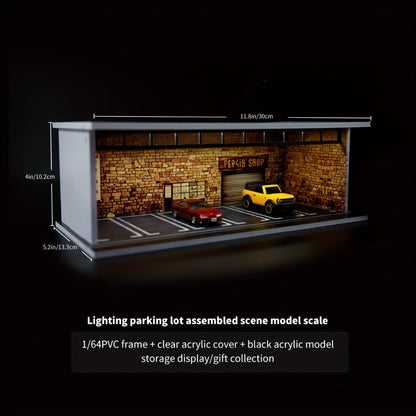 1:64 Diecast Car Display Case with LED Lighted Garage Diorama – Expandable Showcase for 6 Model Cars, Clear Acrylic Cover, Dustproof Collector Gift for Men