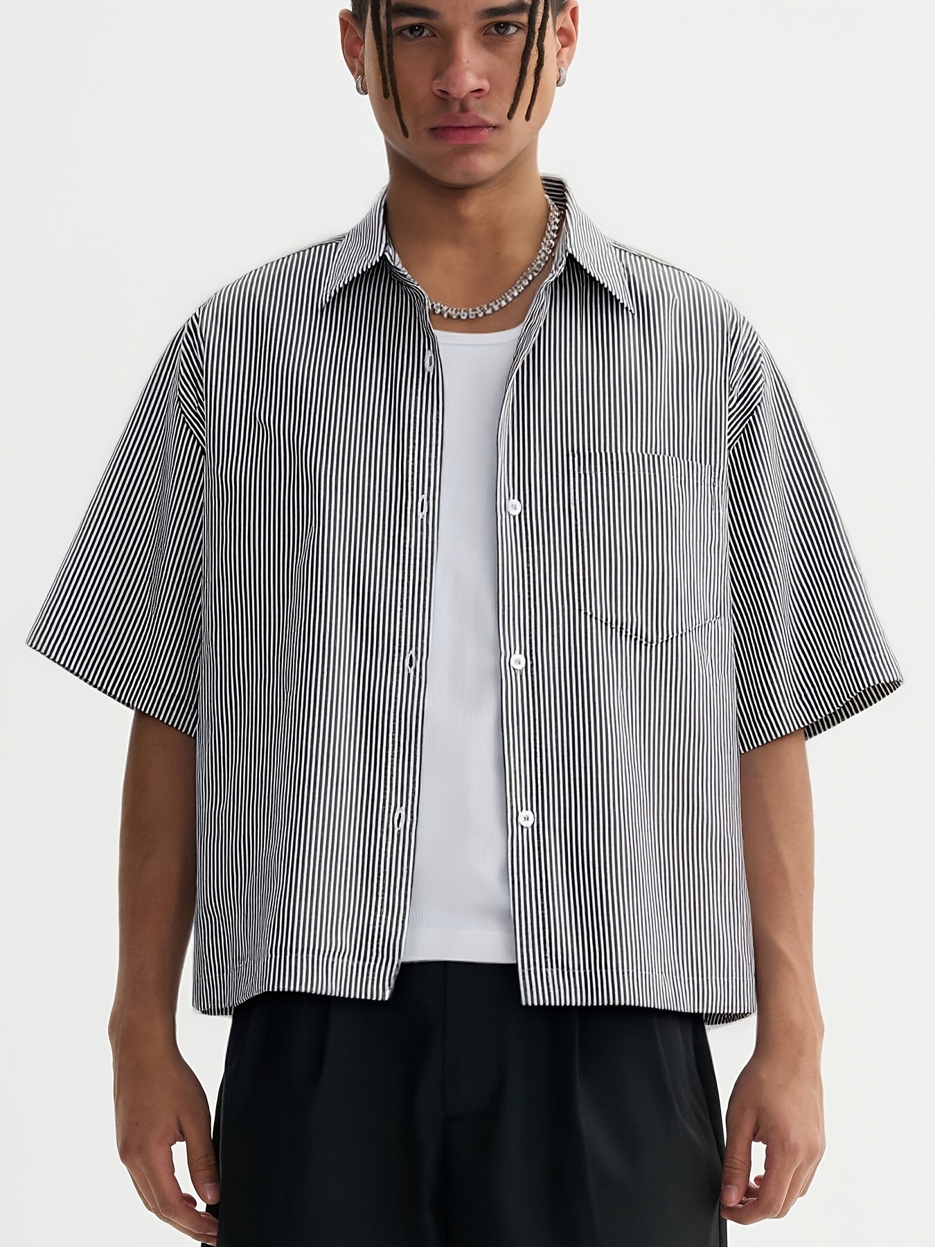 Sky Blue Polyester Striped Oversized Shirt - product view 19