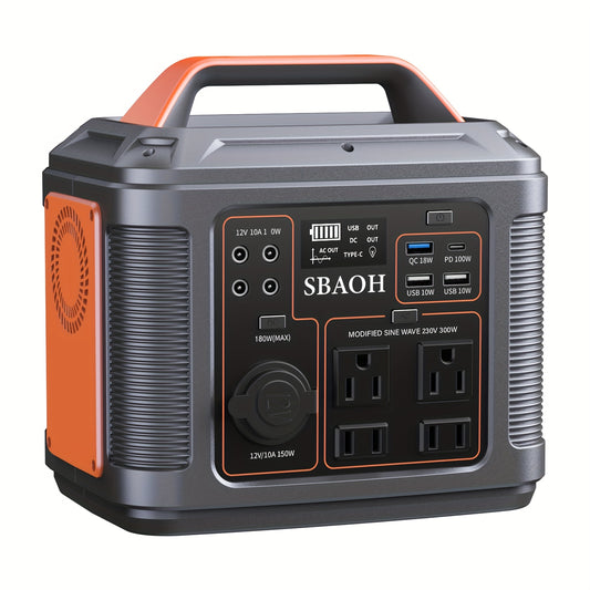 SBAOH Portable Power Station, 300W 296Wh/ 150W 155wh Power Supply 110V AC Outlet/Fast Charging/DC Port And LED Flashlight For Family Outdoor Travel Camping Emergency Power Outage, Orange