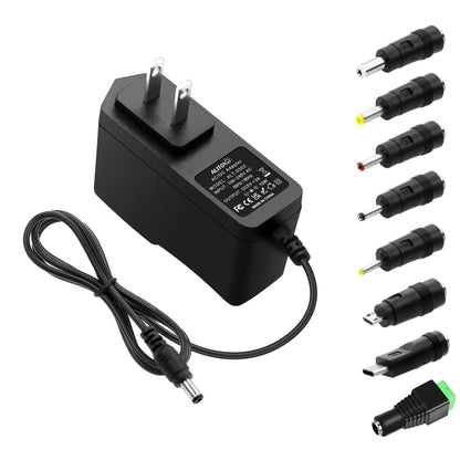 Universal 5V 2A Power Adapter 9-in-1 with 8 Tips - AC/DC 10W Power Supply Type-C Micro-USB Barrel Connectors for Router CCTV LED Strip TV Box