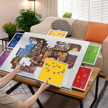 Jigsaw Puzzle Board with 6 Colored Drawers for 1000 & 1500 Piece Puzzles – Portable Tilting Felt Mat, 2-in-1 Bracket Cover, Lightweight Puzzle Storage Organizer for Adults