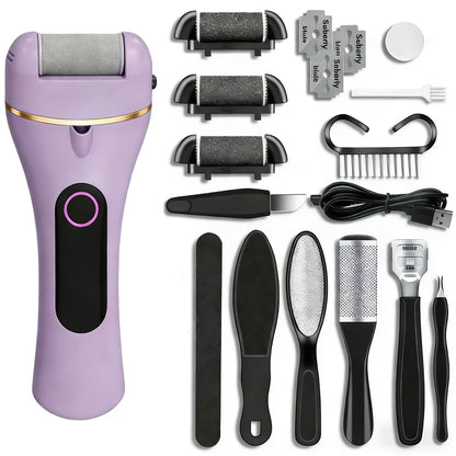 Foot Callus Remover Electric 14-in-1 Rechargeable Pedicure Kit 3 Roller Heads 2 Speed USB Powered Dead Skin Scrubber Cracked Heel Foot File for Women Men Home Salon Use Black Purple