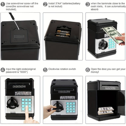 Electronic ATM Piggy Bank for Kids – Digital Coin & Cash Money Bank with Password Lock, Holds 600 Coins or 100 Bills, Fun Savings Bank Toy Gift for Boys & Girls, Black or Pink