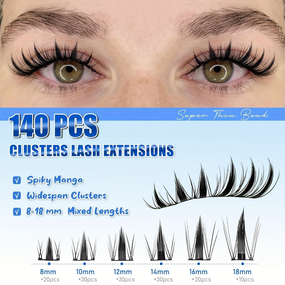 Anime Spike Lash Clusters Kit 8mm-18mm C Curl Individual Spiky Lash Extensions with Adhesive Glue – Manga Fairy Wet-Look DIY Volume Lashes for Cosplay, Editorial & Bold Eye Looks
