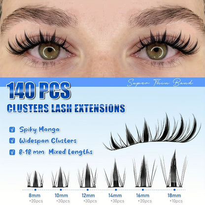 Anime Spike Lash Clusters Kit 8mm-18mm C Curl Individual Spiky Lash Extensions with Adhesive Glue – Manga Fairy Wet-Look DIY Volume Lashes for Cosplay, Editorial & Bold Eye Looks