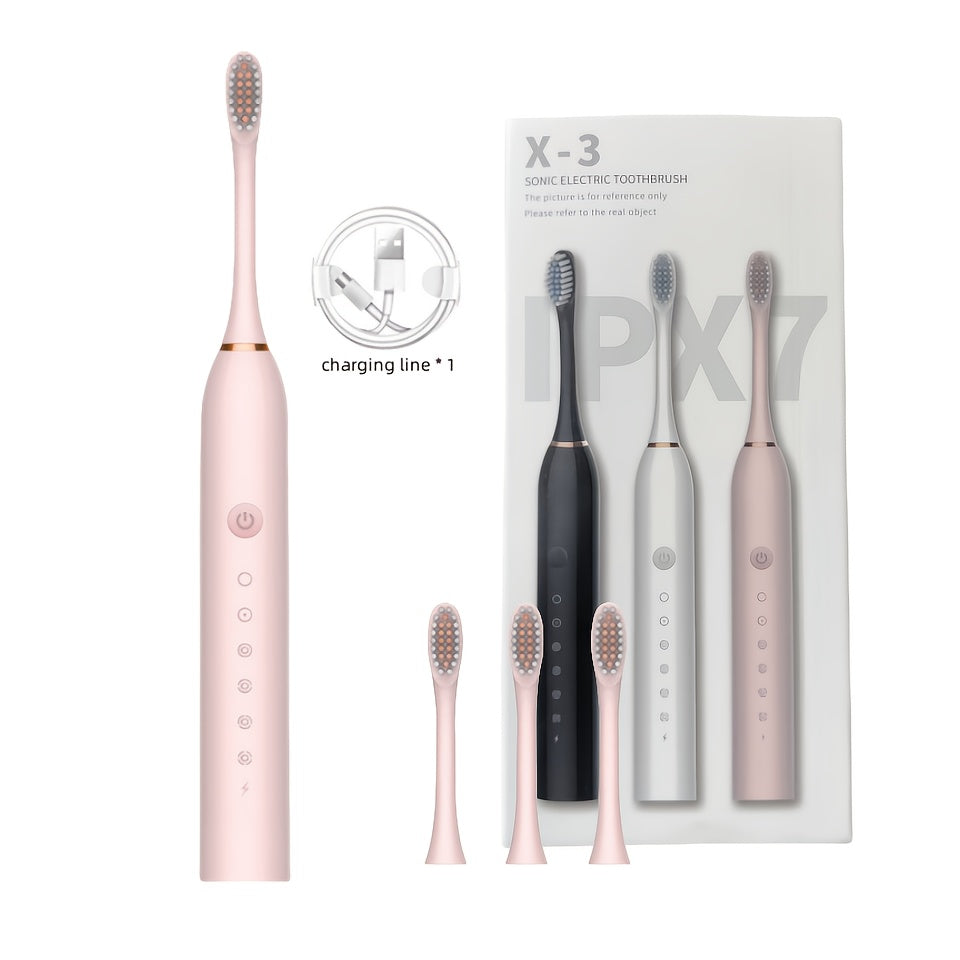 Rechargeable Electric Toothbrush with 6 Cleaning Modes & Smart Timer – USB Sonic Toothbrush for Adults, Replacement Heads Included, 3 Colors, Whitens Teeth & Protects Gums, Great Family Gift