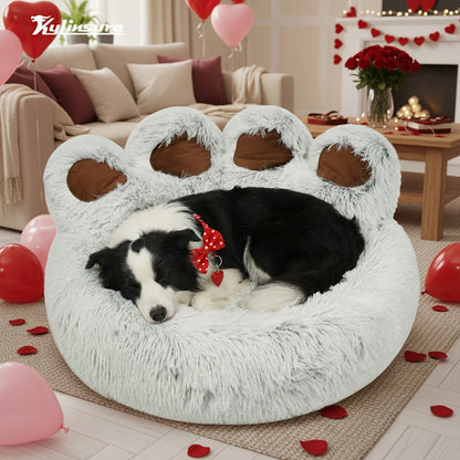 Dog Bed Cat Bed Bear Paw Shaped Donut – Calming Round Plush Pet Mattress, Warm & Soft Cuddler Bed for Dogs and Cats, Includes Pet Scarf, Sizes S to 2XL, Colors: Coffee, Pink, Grey, Brown