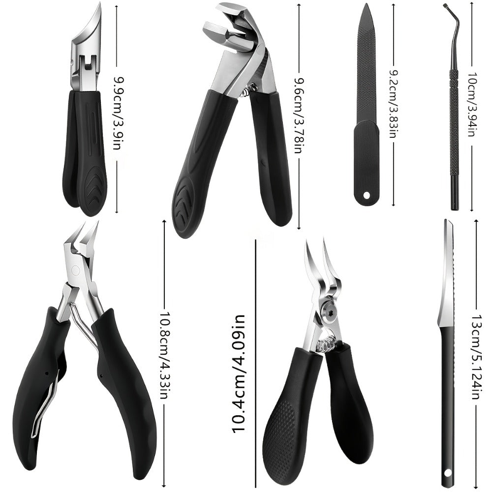 Toenail Clippers Set 7pcs Heavy Duty Wide Jaw — Professional Stainless Steel Pedicure Kit for Thick & Ingrown Toenails, Ergonomic Foot Care Tools for Men Seniors Adults Home Use