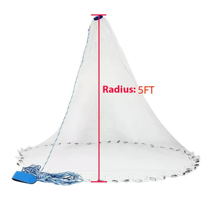 Fishing Cast Net 8FT 10FT with Real Zinc Sinker Weights, Nylon Monofilament Mesh 1.3cm, Heavy Duty Saltwater Bait Trap Net Easy Throw for American Fishing 240/300 Steel Drop