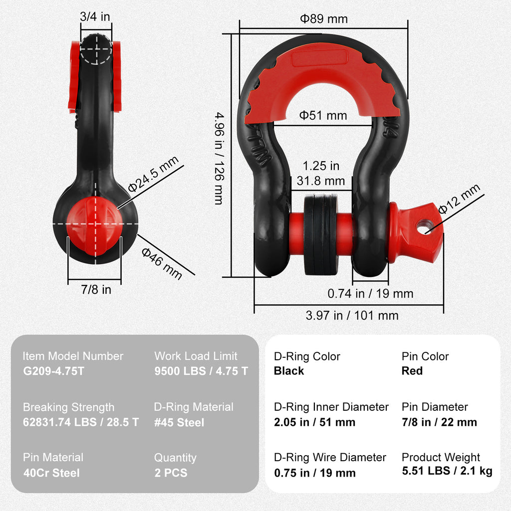 VEVOR 3/4" D-Ring Shackle, 2 Pack Alloy Steel Shackles 62832 lbs (28.5 Ton) Break Strength with 7/8" Screw Pin, Isolators & Washers, Heavy Duty Off Road Vehicle Recovery Shackle for Jeep Truck,Orange/Black/Red