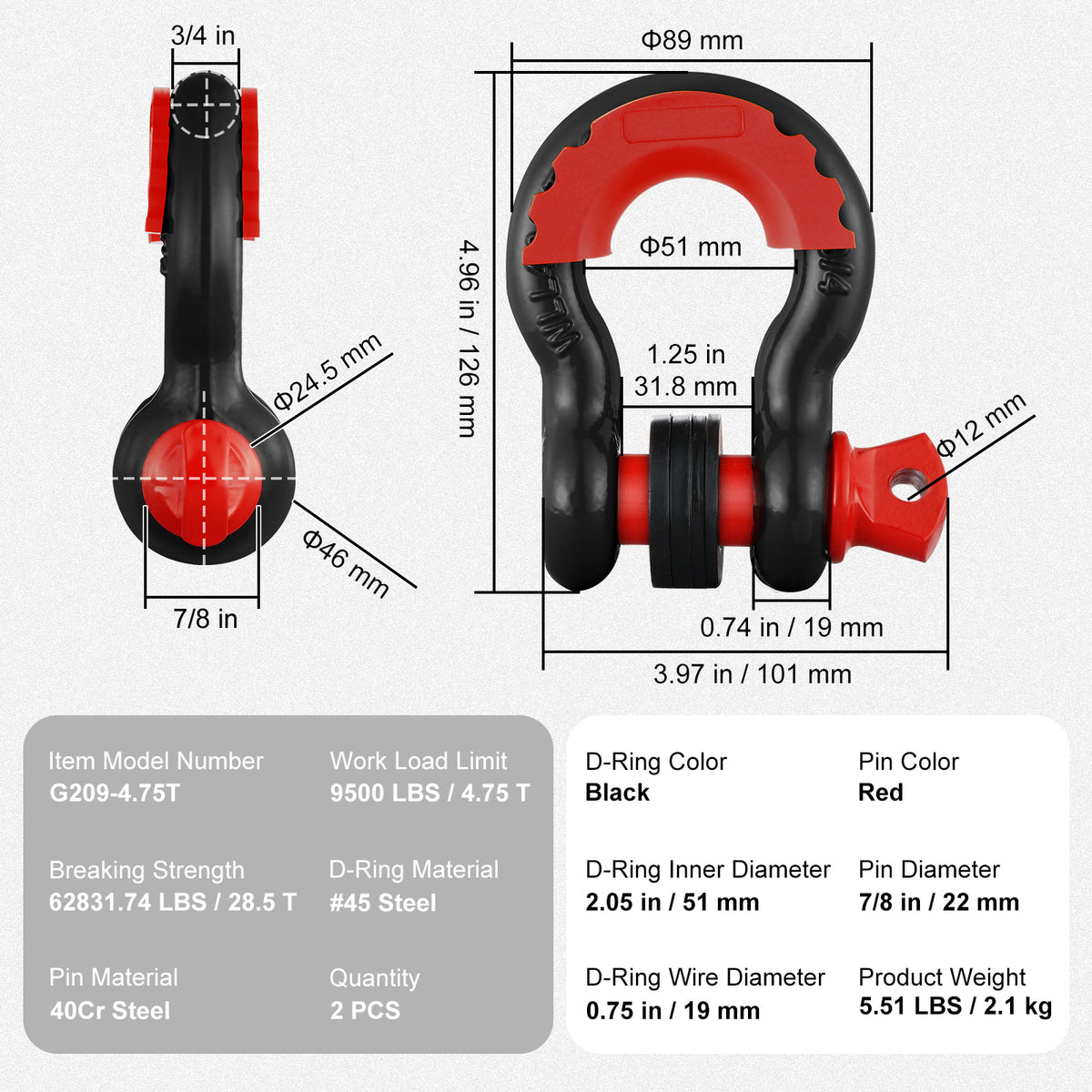 VEVOR 3/4" D-Ring Shackle, 2 Pack Alloy Steel Shackles 62832 lbs (28.5 Ton) Break Strength with 7/8" Screw Pin, Isolators & Washers, Heavy Duty Off Road Vehicle Recovery Shackle for Jeep Truck,Orange/Black/Red