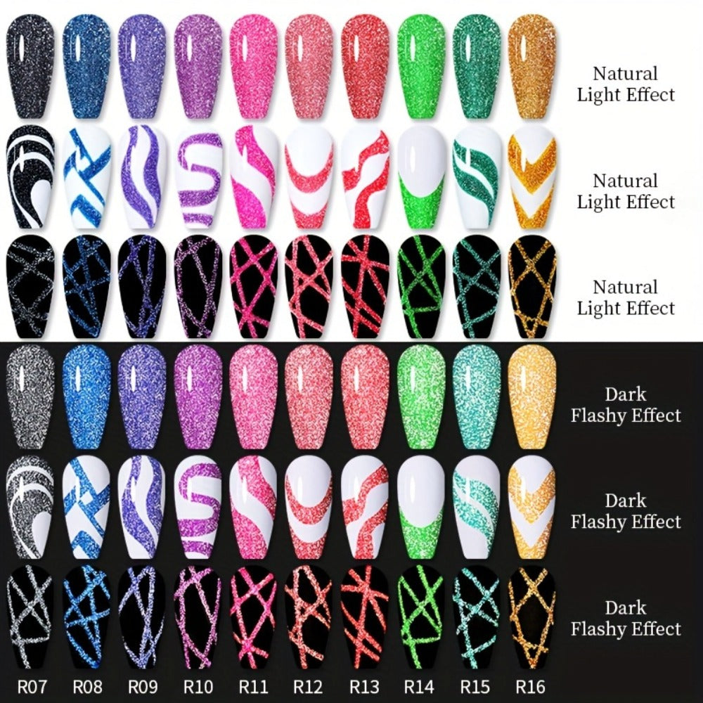 Reflective Glitter Line Gel Nail Polish 9pcs Set – LED Cure Stripe Liner Pull Line Graffiti Sparkling Nail Art Kit for Salon & DIY Home Manicure, 5ml Each Long Lasting Chip Resistant