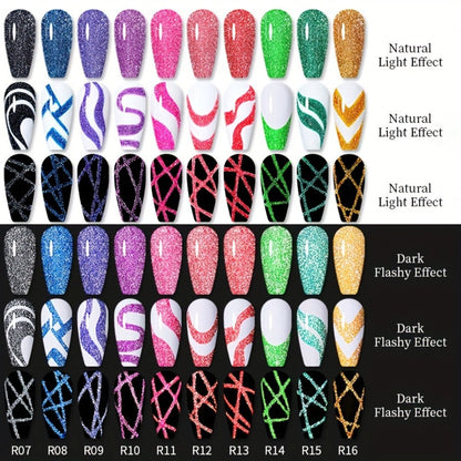 Reflective Glitter Line Gel Nail Polish 9pcs Set – LED Cure Stripe Liner Pull Line Graffiti Sparkling Nail Art Kit for Salon & DIY Home Manicure, 5ml Each Long Lasting Chip Resistant