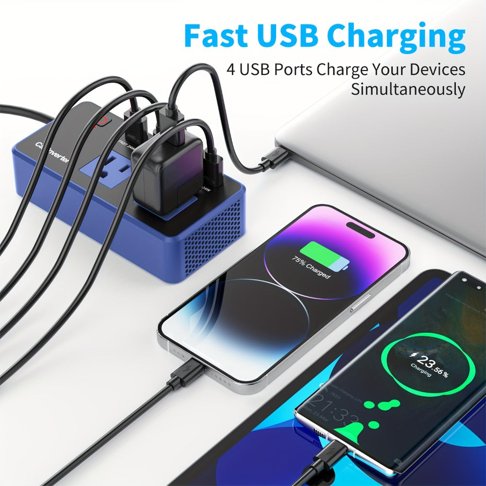 200W Car Power Inverter DC 12V to 110V AC Outlet + USB-C & USB-A 4.8A 24W, Car Plug Adapter Converter for Laptop Camping Travel Road Trip – Black / Blue
