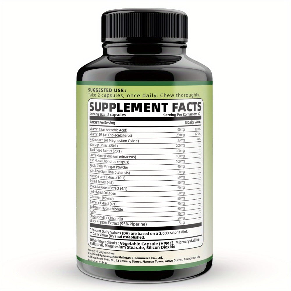 Soursop Graviola Capsules 24-in-1 Formula 60 Count – Lab Tested Gut Health Digestion Antioxidant Immune Support Daily Wellness Supplement for Men & Women