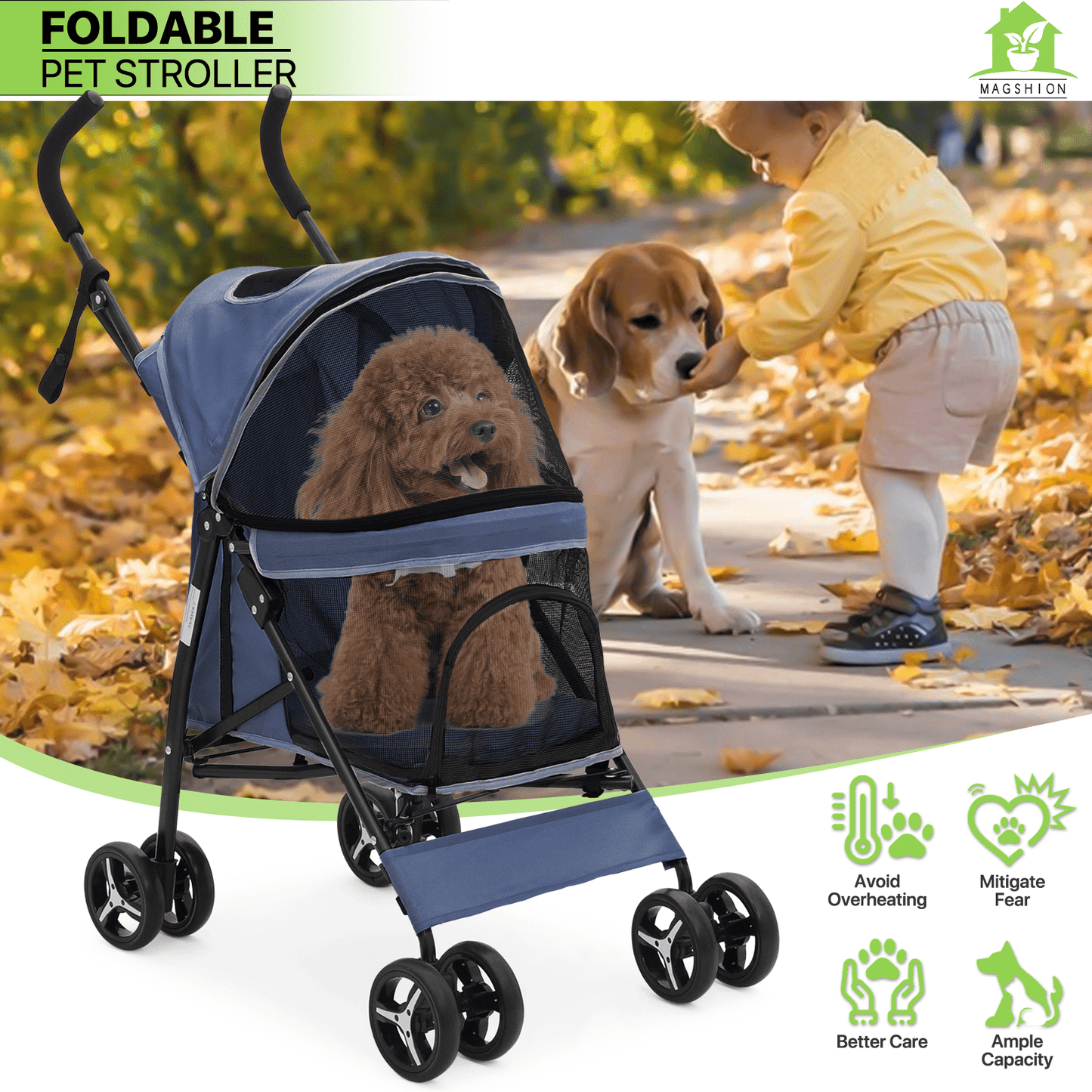 Pet Dog Cat Stroller with 4 Wheels - Foldable Jogger Pet Stroller for Small Medium Dogs & Cats up to 33 lbs, Breathable Mesh Windows, 360° Swivel Wheels, Cup Holder & Storage Basket, 10 Colors