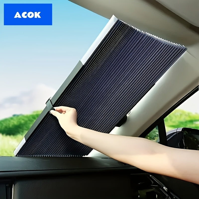 1pc Car Automatic Retractable Folding Sunshade- UV Resistant, Heat Insulation Shade Curtain, Easy to Stick And Install, Aluminum Material, Ideal for Front Window, Car Sunshade Windshield Foldable, Christmas Essentials