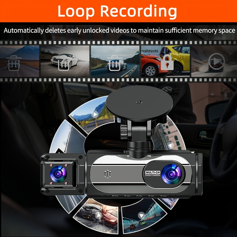 1080P Dash Cam with 3 Cameras Front Built-In Rear Infrared Night Vision 170° Wide-Angle Built-In Audio 32GB Card Connection to Smartphone Loop Recording G-Sensor 24 Parking Monitor