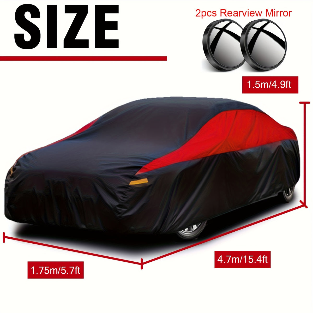 Universal Fit Outdoor Car Cover 170T Polyester Thickened Fabric with Reflective Strips, Full Exterior Sunshade Dustproof Protection for Sedan SUV - Black & Red