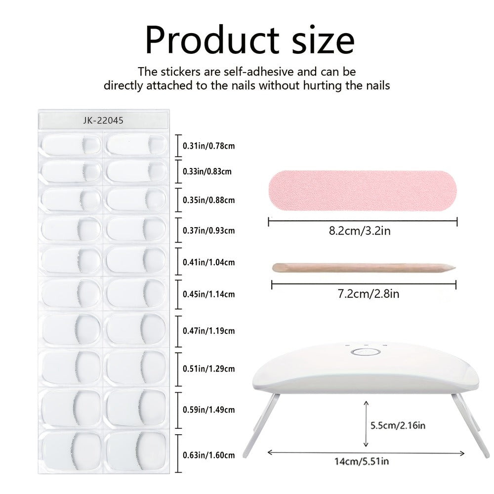 Semi Gel Nail Polish Stickers Kit 20Pcs with 12W LED Nail Lamp 8-Bead Curing Light Full-Wrap Nail Stickers 2nd Gen Soft Gel Tips White French Manicure Complete Set for Women Beginners Home DIY