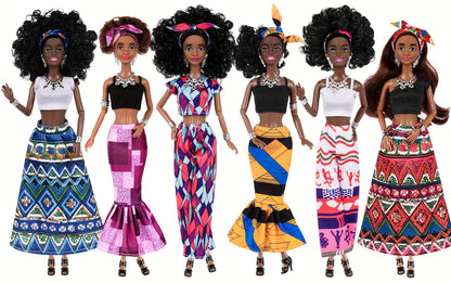 African American Fashion Doll Set 6 Pack 11.5 Inch Bohemian Curly Hair Dolls Removable Boho Outfits Headscarves Silver Necklaces Diverse Gift for Girls Kids Party Favors Birthday Christmas