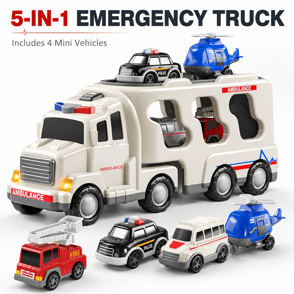 Ambulance Carrier Truck Toy Set 5-in-1 with Light & Sound for Kids Ages 3-8 – Friction Powered Rescue Vehicle Playset Fire Truck Police Car Helicopter Mini Cars Birthday Christmas Gift Boys Girls