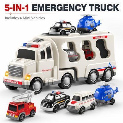 Ambulance Carrier Truck Toy Set 5-in-1 with Light & Sound for Kids Ages 3-8 – Friction Powered Rescue Vehicle Playset Fire Truck Police Car Helicopter Mini Cars Birthday Christmas Gift Boys Girls